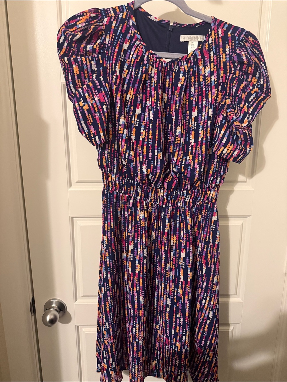 London Times Navy Multicolor Dot-Print Mini Dress